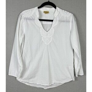 Roberta Roller Rabbit M Embroidered Top White 100% Cotton V-Neck Long Sleeve
